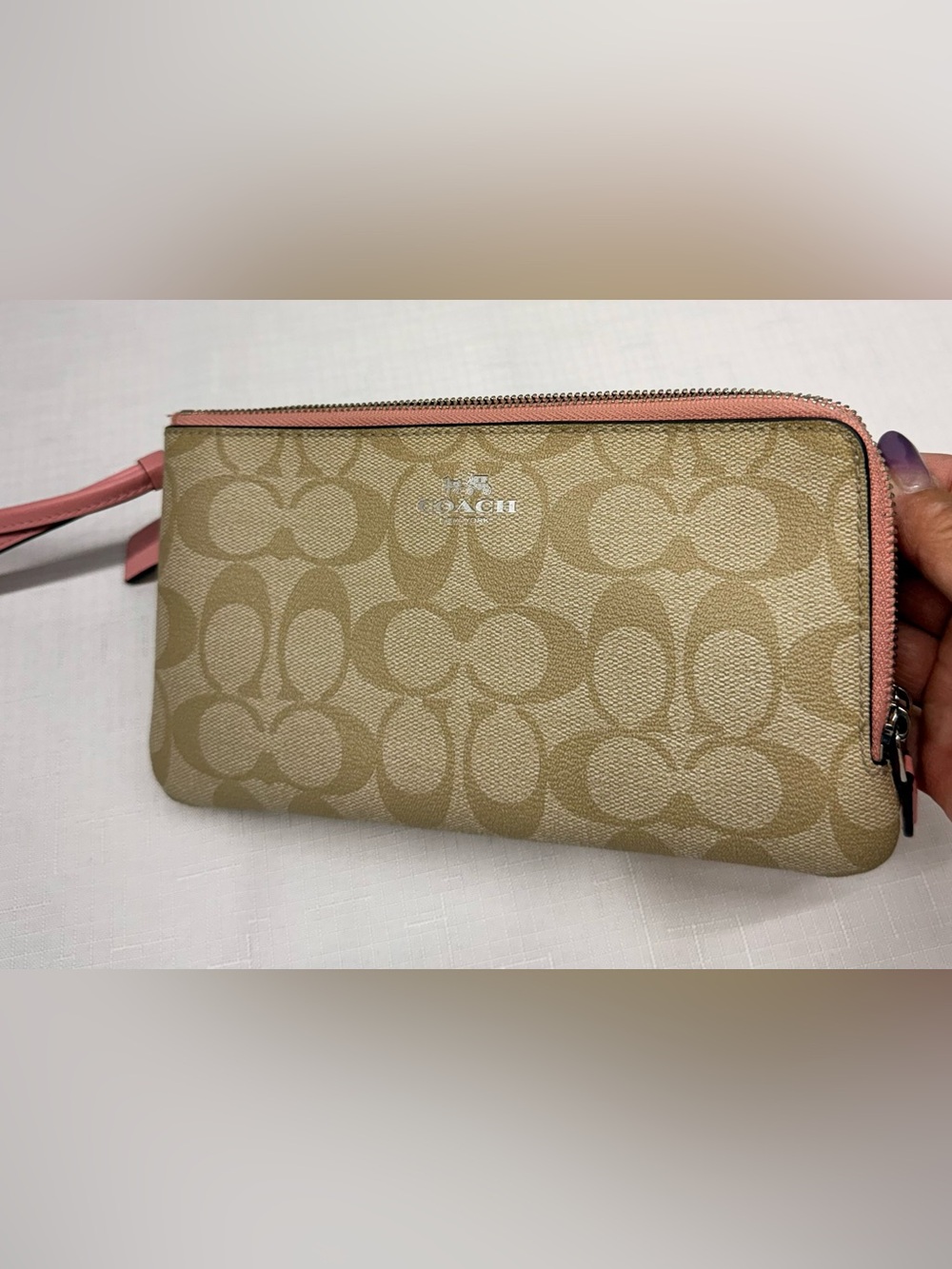 Coach Signature Canvas Wristlet in Khaki with Pink Trim